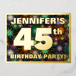 45th Birthday Party: Bold, Colourful Fireworks Loo Foil Invitation Postcard
