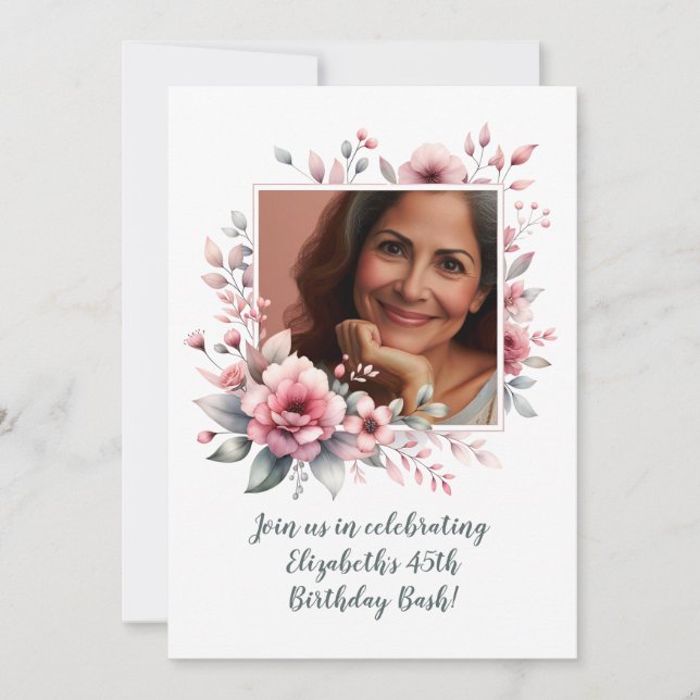 45th Birthday Party Custom Photo Floral  Invitation (Front)