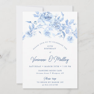 45th Birthday Party Dusty Blue Floral Invitation