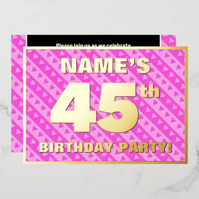 45th Birthday Party — Fun Pink Hearts and Stripes (Front/Back)