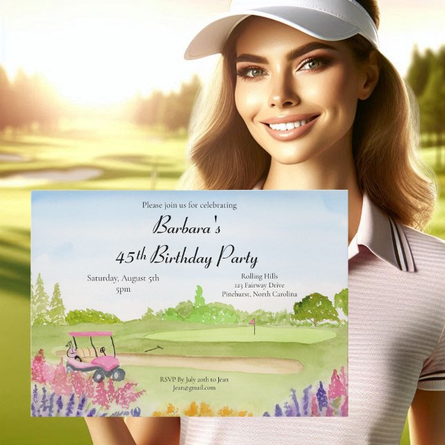 45th Birthday Party Pink Golf Cart Golf Course Invitation (Creator Uploaded)