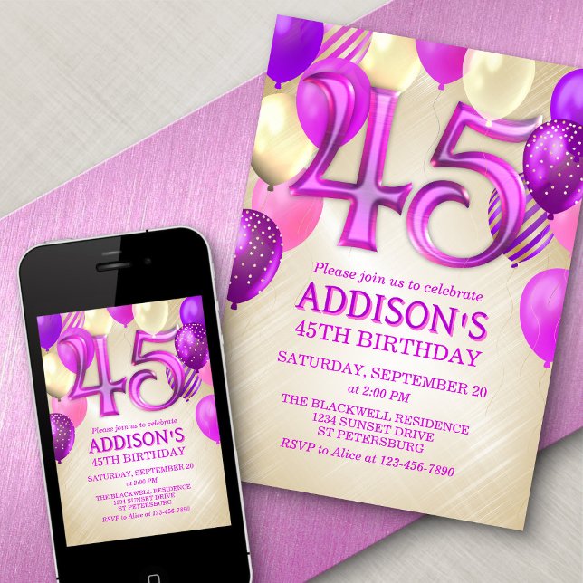 45th Birthday Pink Balloons Invitation (Creator Uploaded)