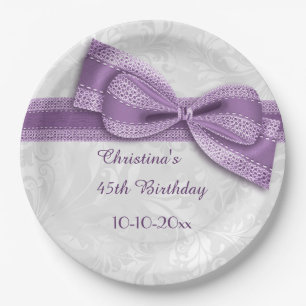 45th Birthday Purple Damask and Faux Bow Paper Plate