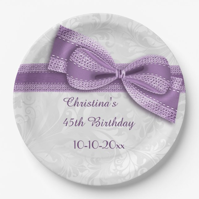 45th Birthday Purple Damask and Faux Bow Paper Plate (Front)