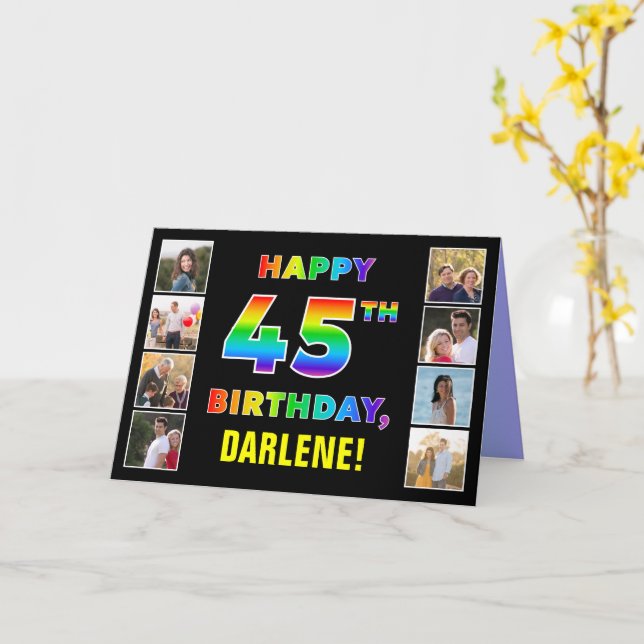 45th Birthday: Rainbow Text, Custom Photos & Name Card (Yellow Flower)