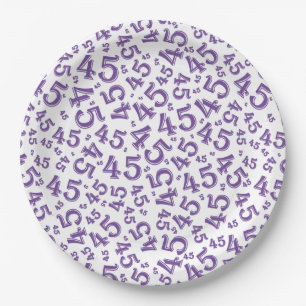 45th Birthday Random Number Pattern Purple/White Paper Plate