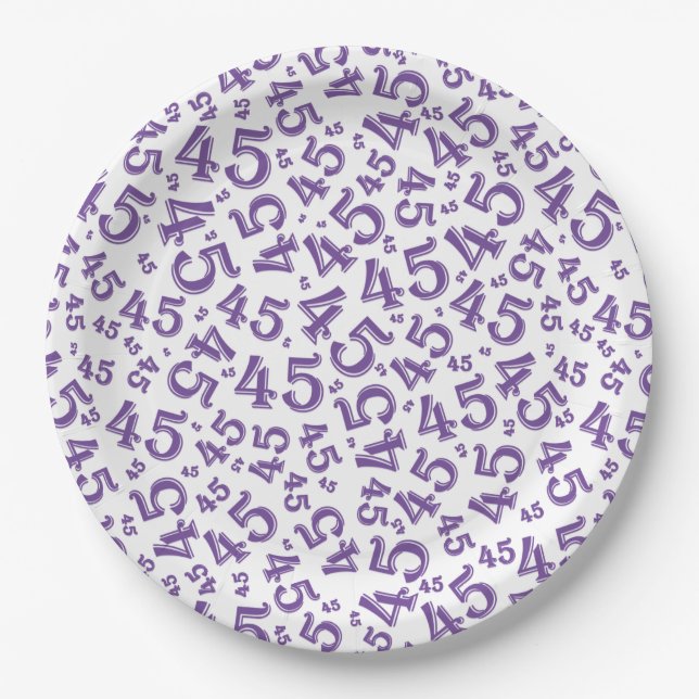 45th Birthday Random Number Pattern Purple/White Paper Plate (Front)