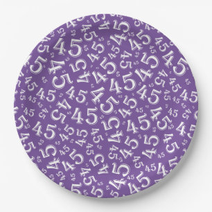 45th Birthday Random Number Pattern Purple/White Paper Plate