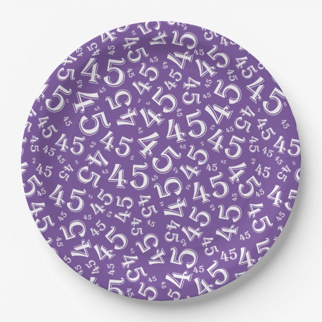 45th Birthday Random Number Pattern Purple/White Paper Plate (Front)