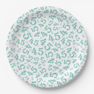 45th Birthday Random Number Pattern Teal/White Paper Plate