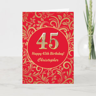 45th Birthday Red and Gold Floral Pattern Card