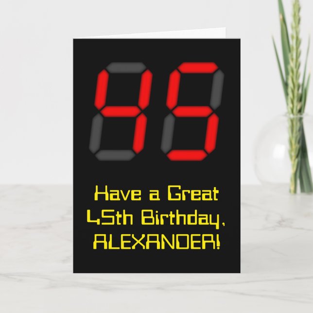 45th Birthday: Red Digital Clock Style "45" + Name Card (Front)