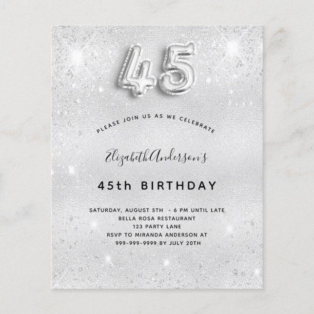 45th birthday silver glitter budget invitation (Front)
