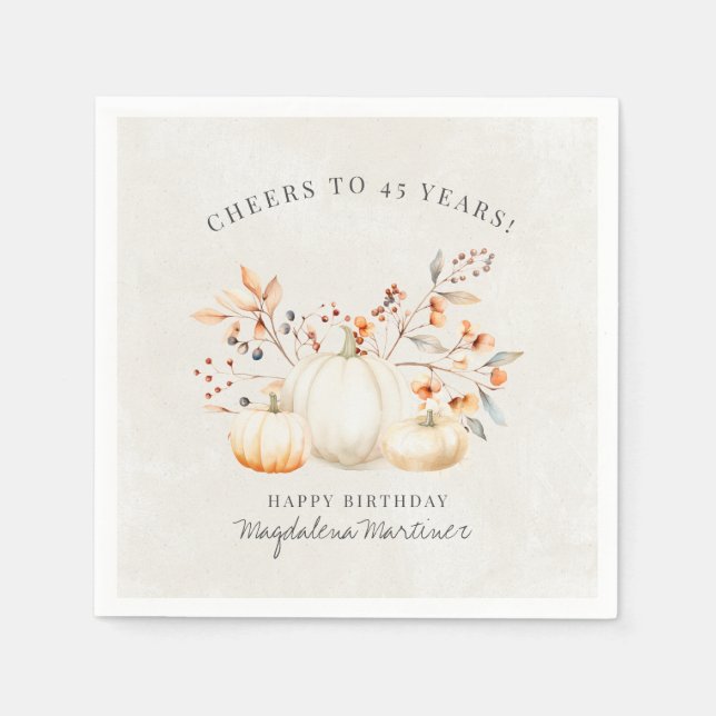 45th Birthday White Pumpkin Fall Leaves Custom Napkin (Front)