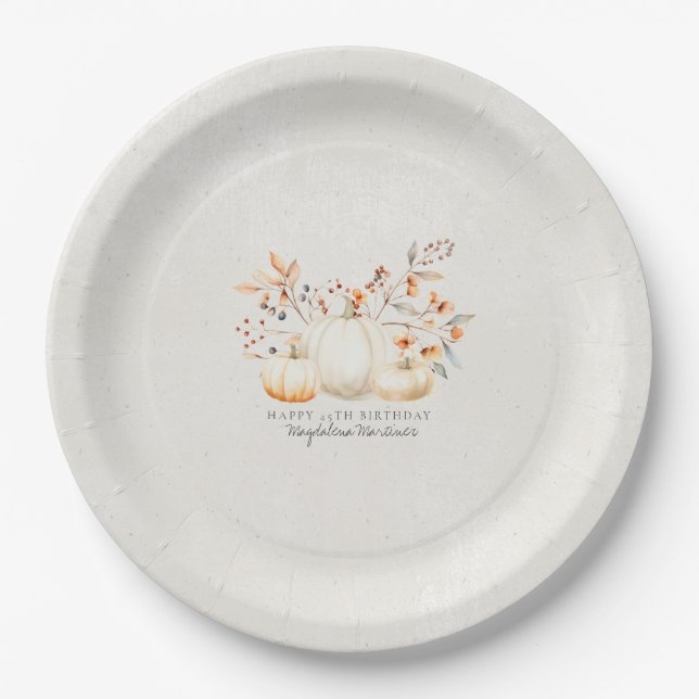 45th Birthday White Pumpkin Fall Leaves Custom Paper Plate (Front)