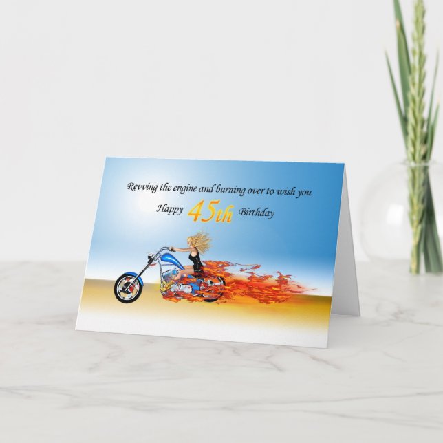 45th Birthday with a Flaming Motorcycle Card (Front)