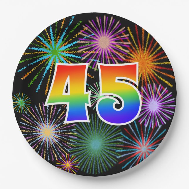 45th Event - Fun, Colourful, Bold, Rainbow 45 Paper Plate (Front)
