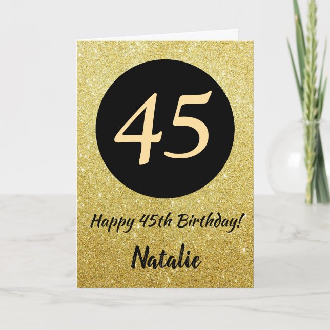 45th Happy Birthday Black and Gold Glitter Card (Front)