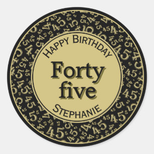 45th Happy Birthday Number Pattern Black/Gold Classic Round Sticker