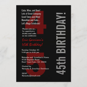 45th Modern Birthday Black White Red Metallic Invitation