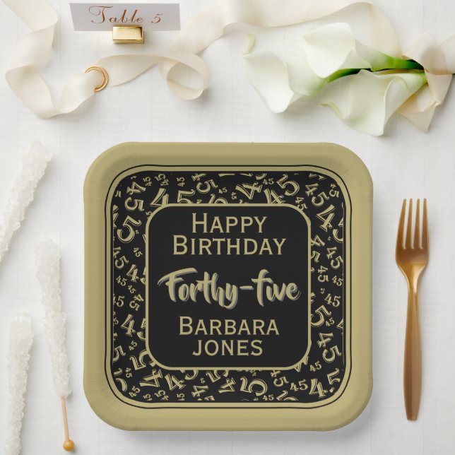45th Party Random Number Pattern Gold/Black Paper Plate (Wedding)