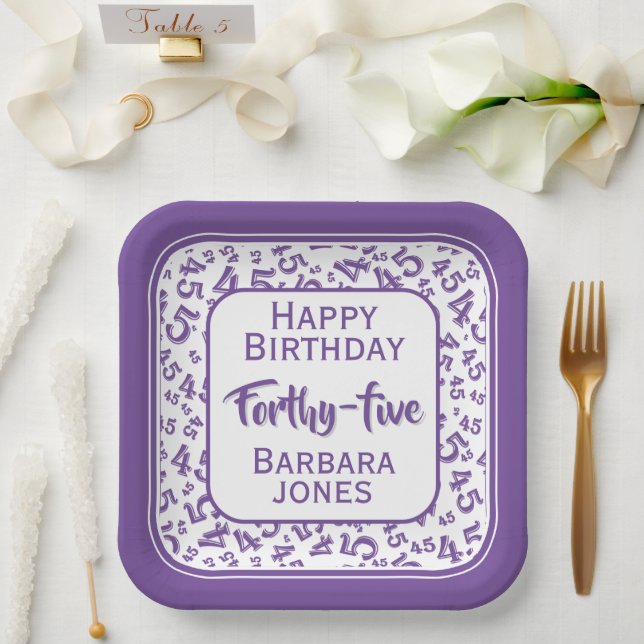 45th Party Random Number Pattern Purple/White Paper Plate (Wedding)