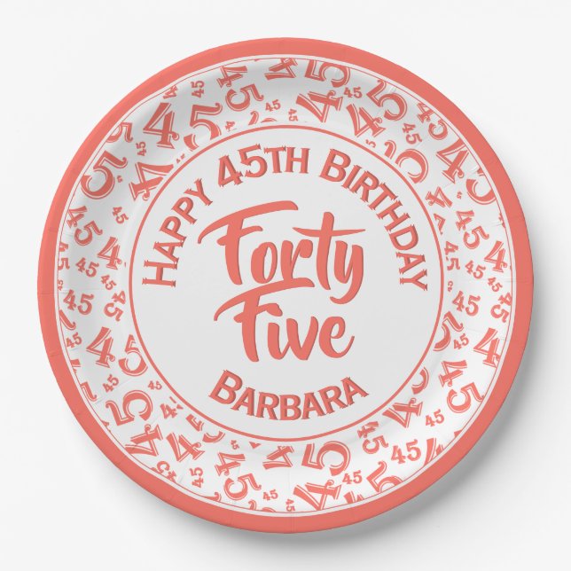 45th Random Number Pattern Coral/White Paper Plate (Front)