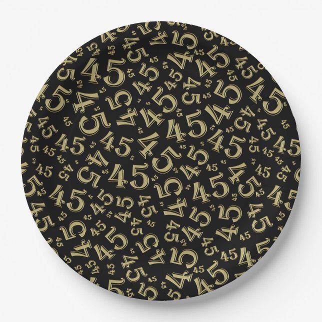 45th Random Number Pattern Gold/Black Paper Plate (Front)
