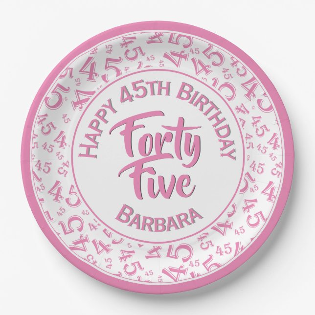 45th Random Number Pattern Pink/White Paper Plate (Front)