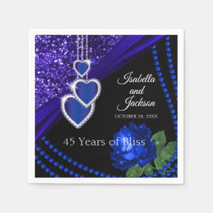 45th Sapphire Blue Glitter and Rose Anniversary Napkin
