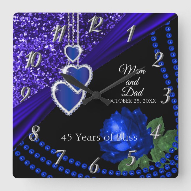45th Sapphire Blue Glitter and Rose Anniversary Square Wall Clock (Front)