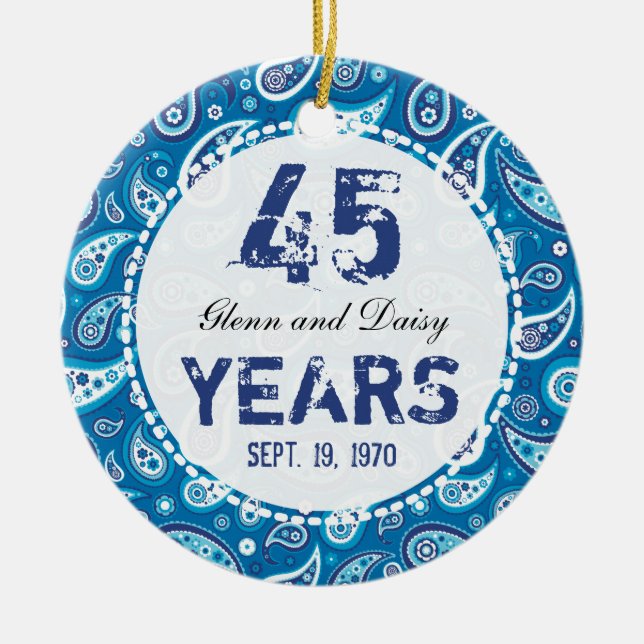 45th Sapphire Wedding Anniversary Paisley Monogram Ceramic Tree Decoration (Front)