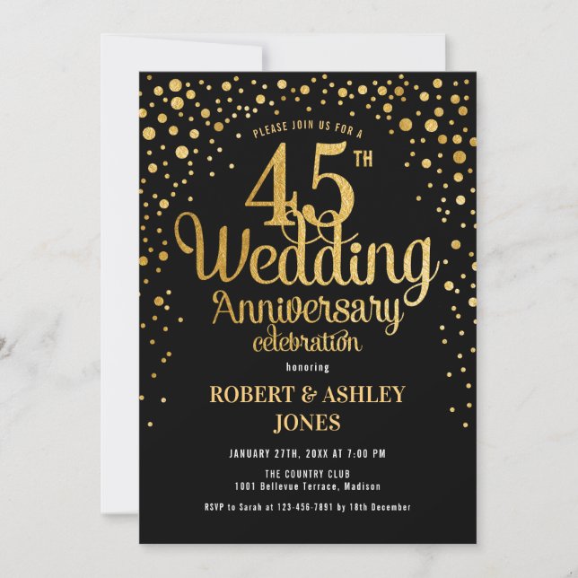 45th Wedding Anniversary - Black & Gold Invitation (Front)