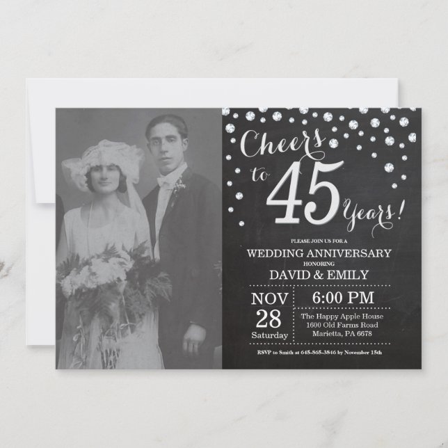 45th Wedding Anniversary Chalkboard Black Silver Invitation (Front)