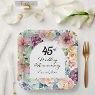45th Wedding Anniversary Elegant Script Floral Paper Plate