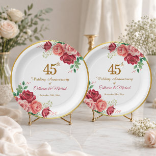 45th Wedding Anniversary Gold Frame Floral Paper Plate