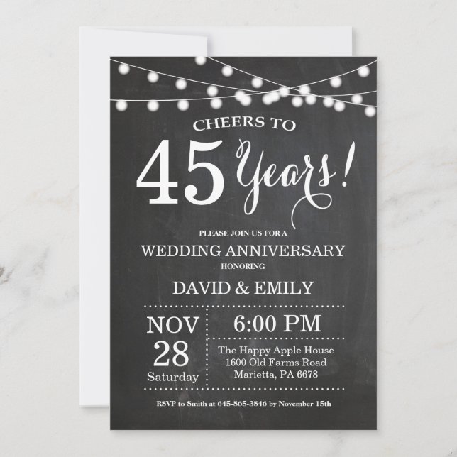 45th Wedding Anniversary Invitation Chalkboard (Front)
