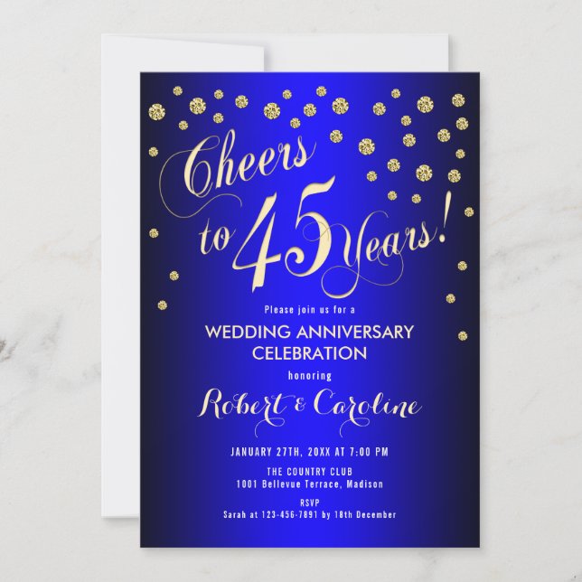 45th Wedding Anniversary - Royal Blue & Gold Invitation (Front)