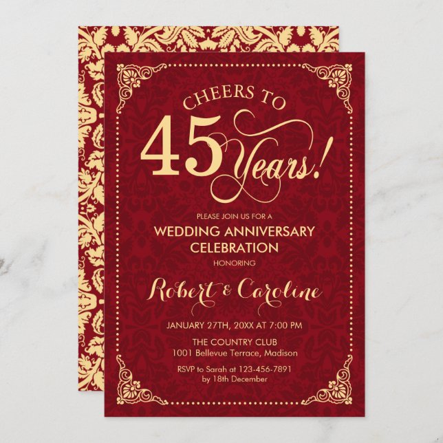 45th Wedding Anniversary - Ruby Red Gold Damask Invitation (Front/Back)