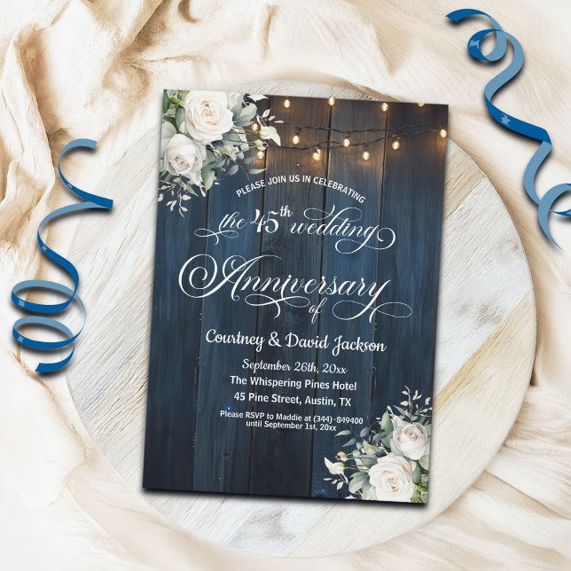 45th Wedding Anniversary Rustic Blue String Lights Invitation (Creator Uploaded)