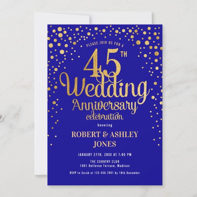 45th Wedding Anniversary - Sapphire Blue & Gold Invitation (Front)