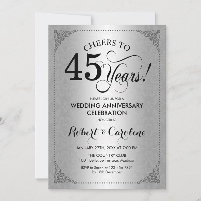 45th Wedding Anniversary - Silver Black Damask Invitation (Front)