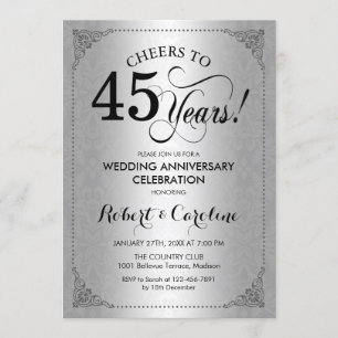 45th Wedding Anniversary - Silver Black Damask Invitation