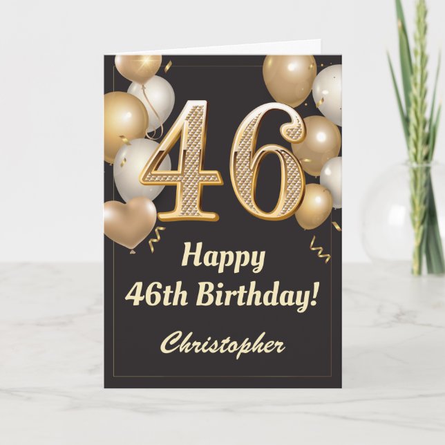 46th Birthday Black and Gold Balloons Confetti Card (Front)
