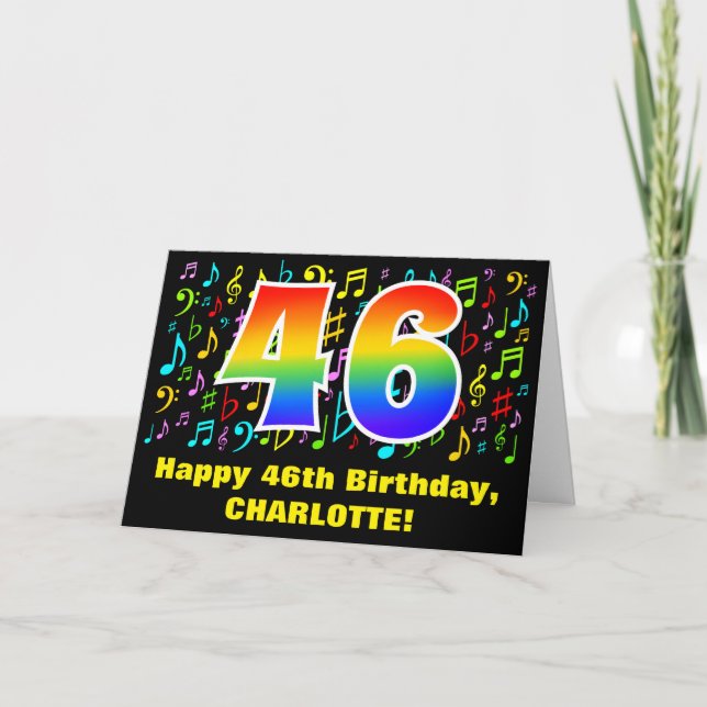 46th Birthday: Colorful Music Symbols & Rainbow 46 Card (Front)