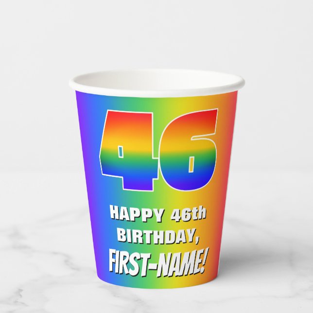 46th Birthday: Colourful, Fun Rainbow Pattern # 46 Paper Cups (Back)