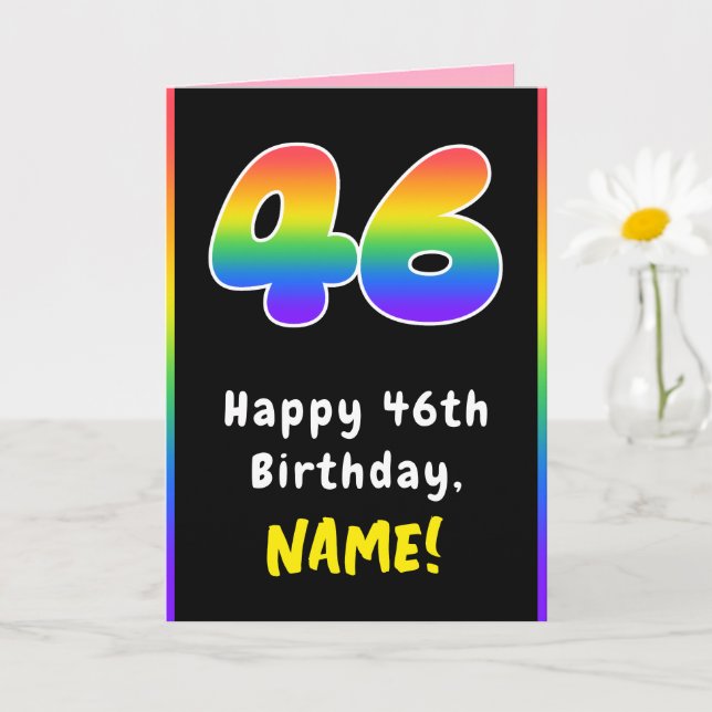 46th Birthday: Colourful Rainbow # 46, Custom Name Card (Small Plant)
