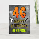 46th Birthday: Eerie Halloween Theme   Custom Name Card<br><div class="desc">The front of this scary and spooky Halloween themed birthday greeting card design features a large number “46”, along with the message “HAPPY BIRTHDAY, ”, and a custom name. There are also depictions of a ghost and a bat on the front. The inside features a personalised birthday greeting message, or...</div>