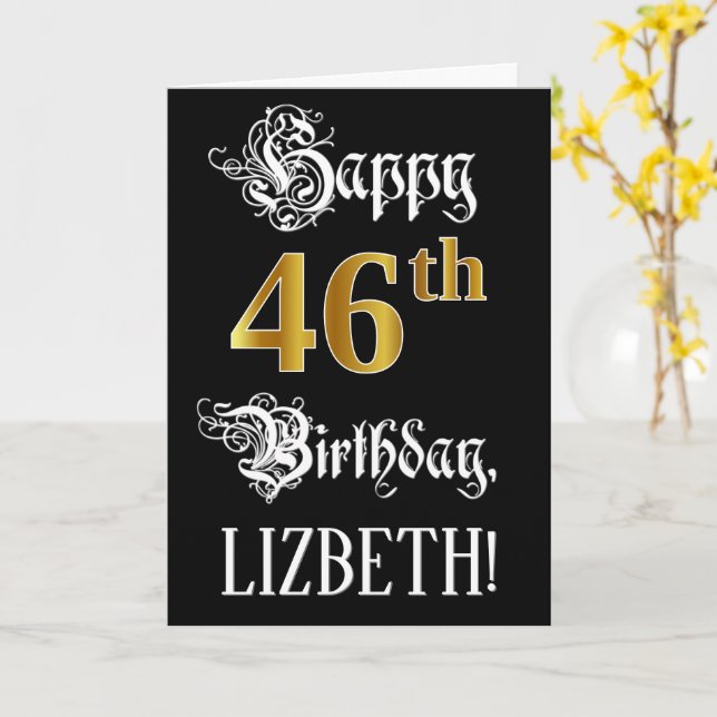 46th Birthday — Fancy Script; Faux Gold Look; Name Card (Yellow Flower)