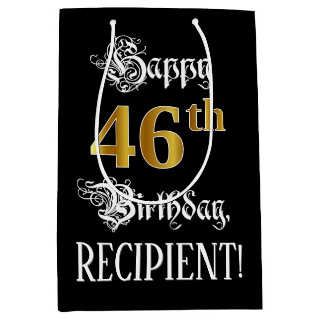 46th Birthday ~ Fancy Script; Faux Gold Look; Name Medium Gift Bag (Front)